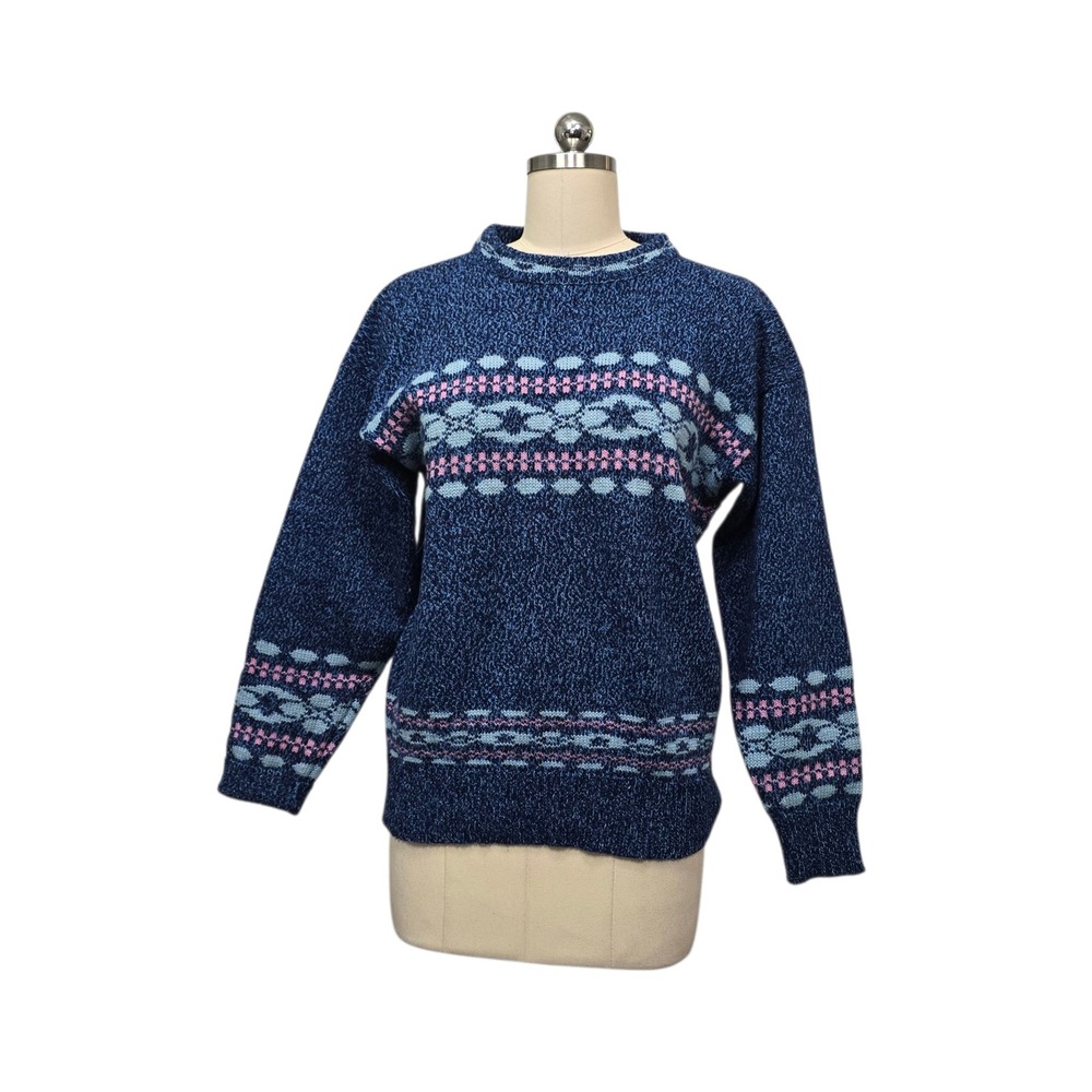 Windborne Seattle Vintage Wool Blend Fair Isle Sweater Blue Pink Womens Large‎